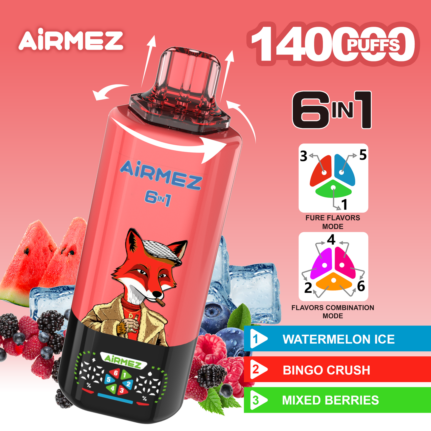 Airmez Fox 6in1 140K 45ml Einweg Kit (140000 Puffs) - 💥 Nehme 5 Zahle NUR 4! + Ab einem Einkauf von 100€ 2 Mystery Gratis💥