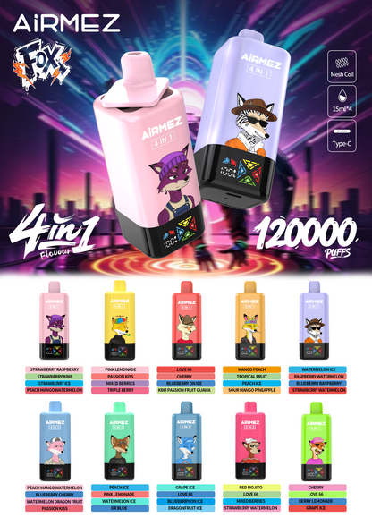 AiRMEZ Fox 4in1 120K 60ml Einweg Kit (120000 Puffs) - 💥 Nehme 5 Zahle NUR 4! + Ab einem Einkauf von 100€ 2 Mystery Gratis💥