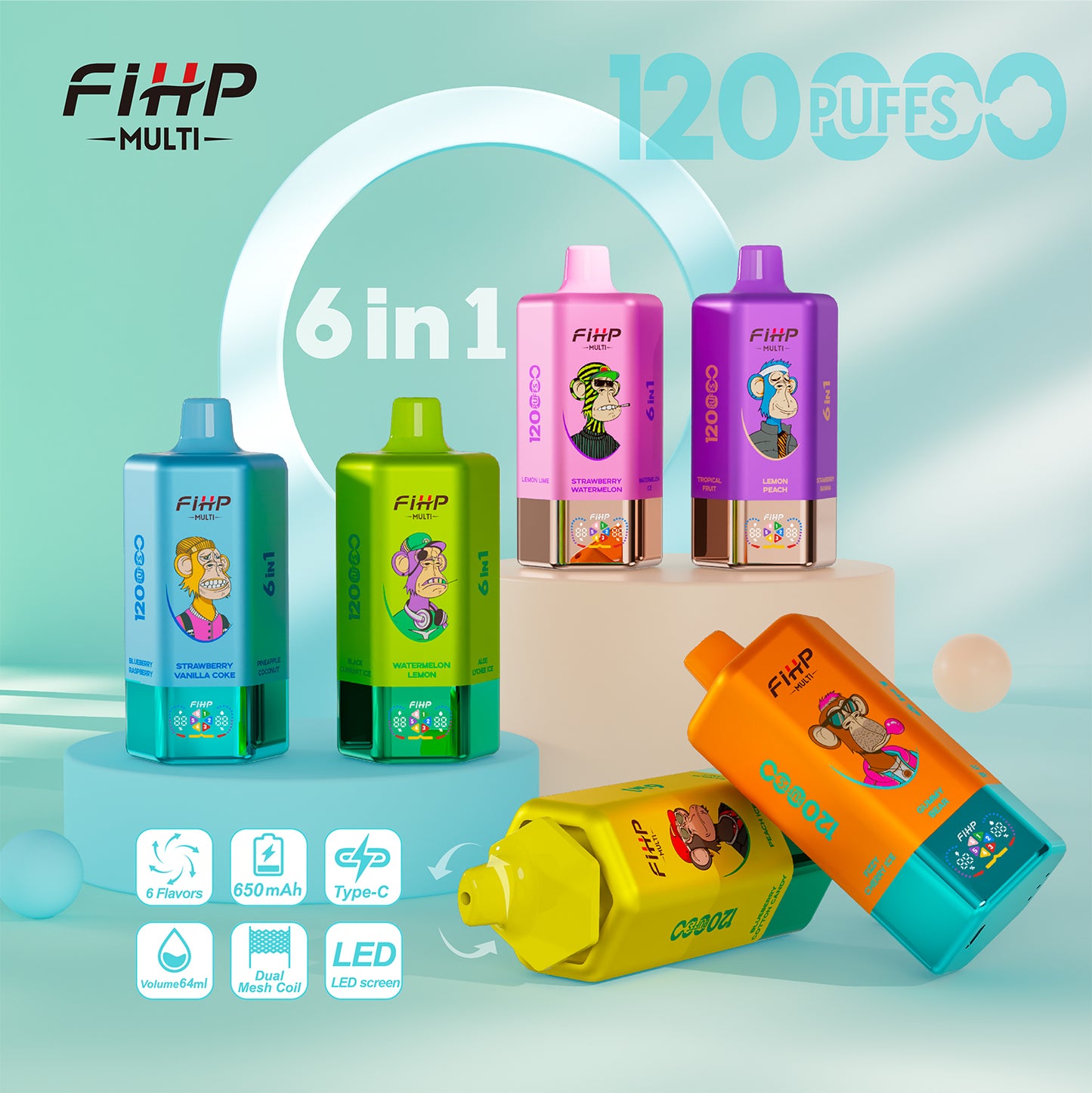 FIHP Multi 120000 120K Puffs 6-in-1 Wiederaufladbares Einweg Kit