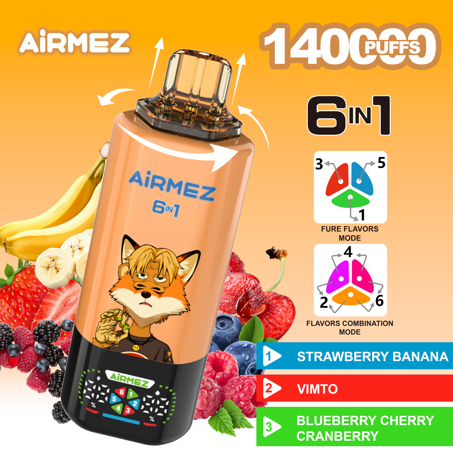 Airmez Fox 6in1 140K 45ml Einweg Kit (140000 Puffs) - 💥 Nehme 5 Zahle NUR 4! + Ab einem Einkauf von 100€ 2 Mystery Gratis💥
