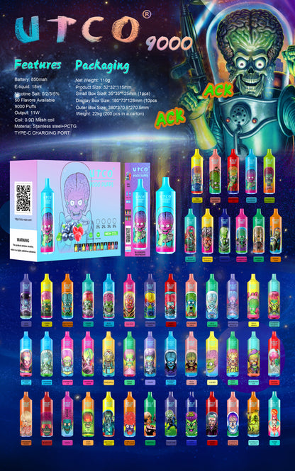 UTCO Aliens 9000 Einweg E-Zigarette Disposable Kit wiederaufladbar - Kaufen Sie 3 Stück und erhalten Sie 1 Stück zusätzlich als Geschenk (Produkte und Geschmacksrichtungen sind zufällig)