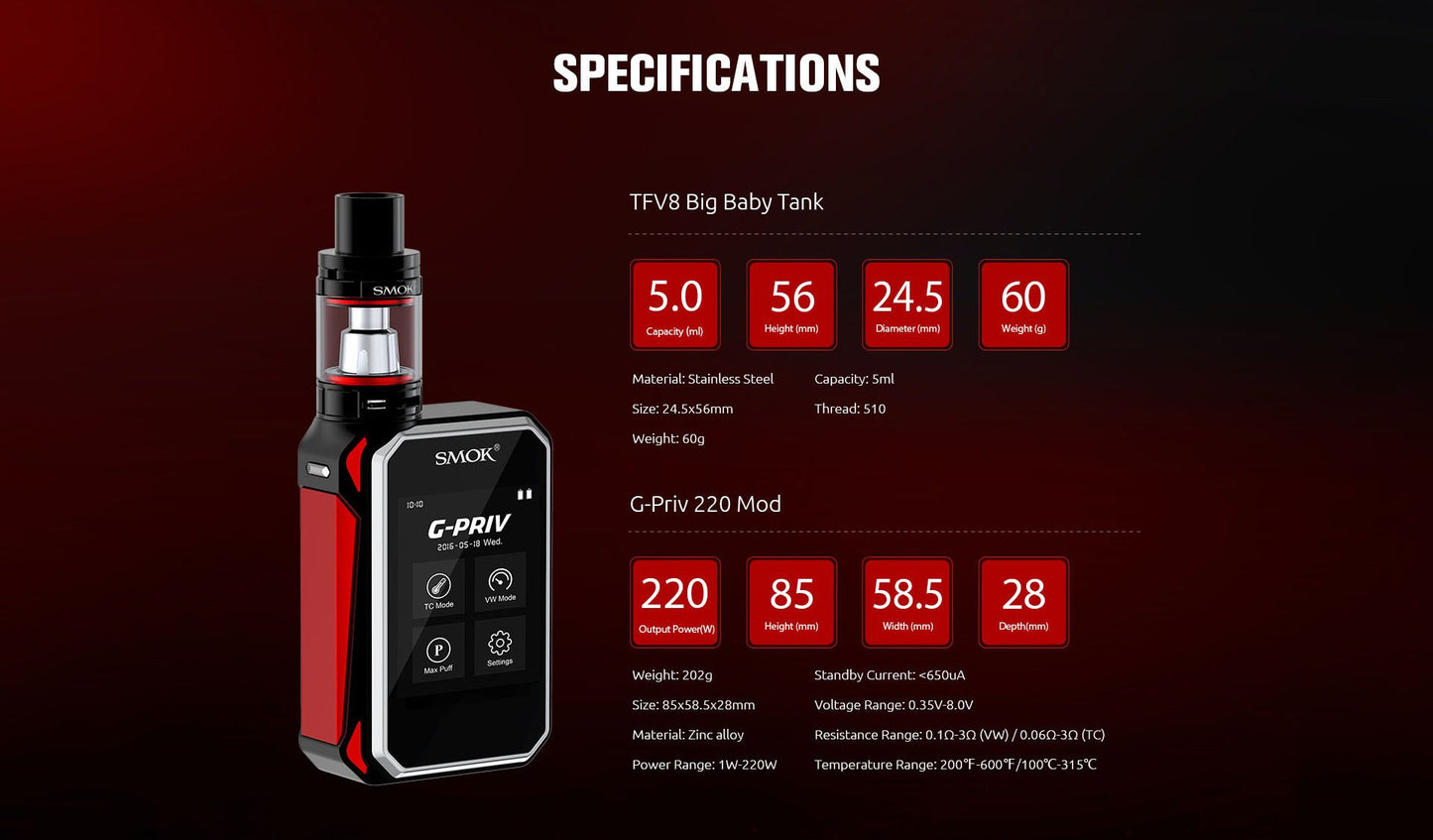 SMOK G - PRIV 220w Touch Display Starterkit Starterset mit TFV8 Big Baby - 5,0 ml